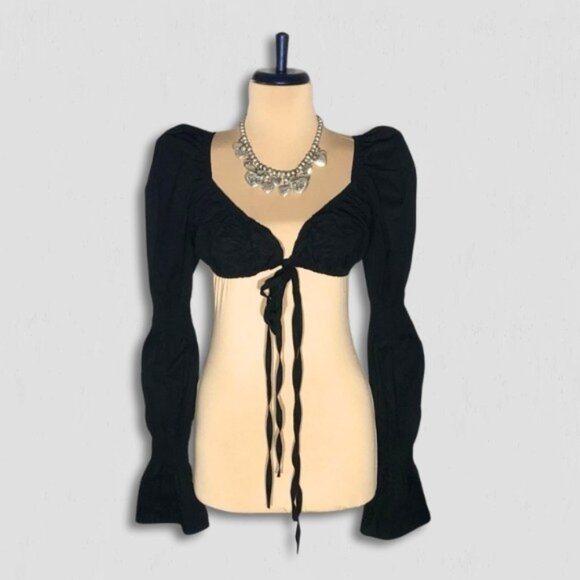NWOT Halfheart Boho Cropped Top Self-Tie Front Ruched Puff Long Sleeve Black L - Picture 1 of 10
